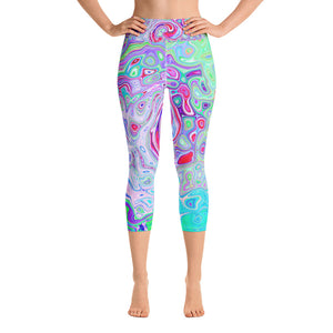 Capri Yoga Leggings, Groovy Abstract Retro Pink and Green Swirl