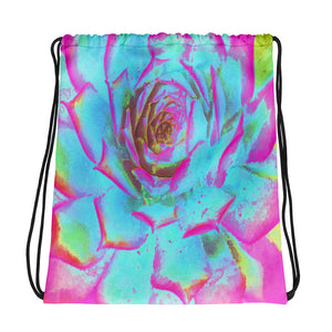 Drawstring bags, Hot Pink and Blue Succulent Sedum Rosette
