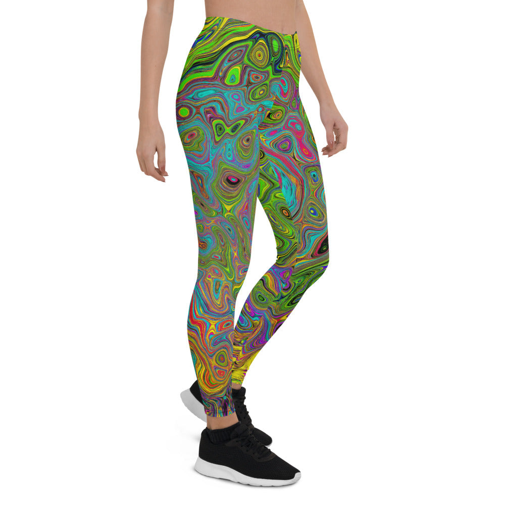 Leggings for Women, Groovy Abstract Retro Lime Green and Blue Swirl