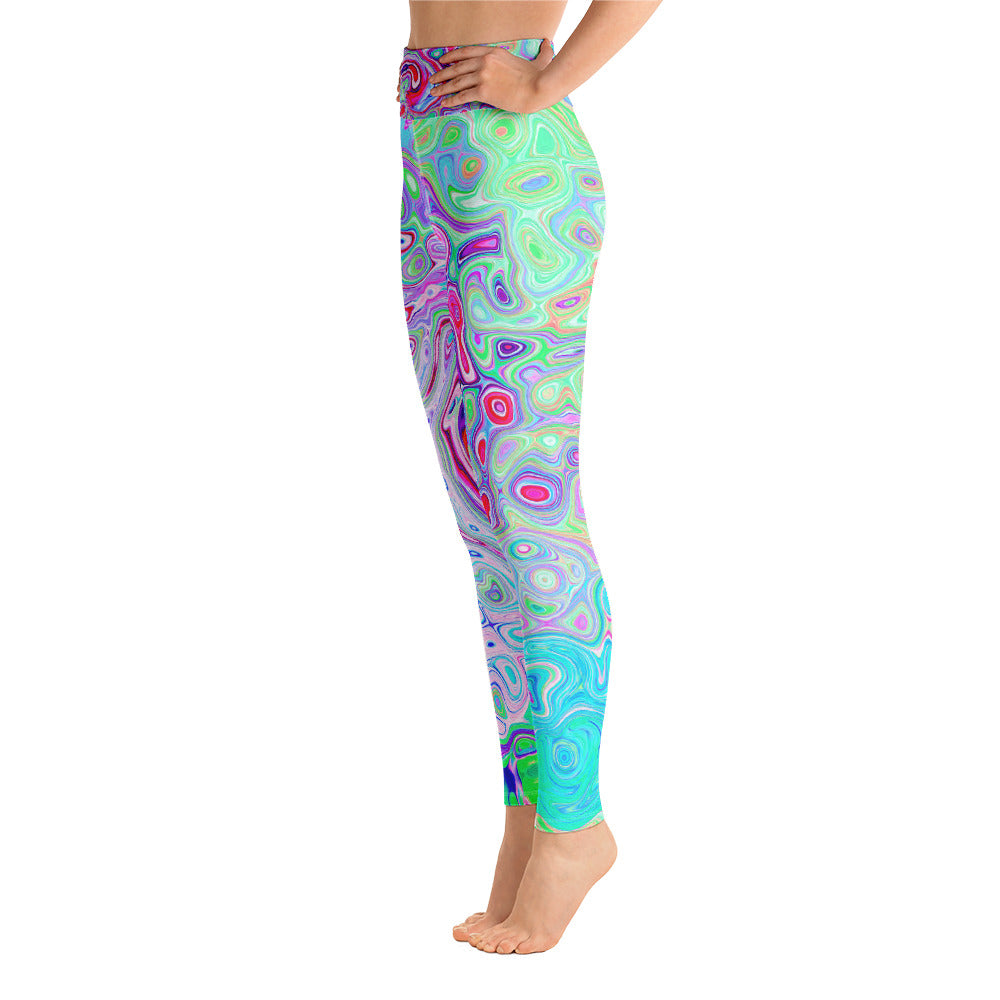 Yoga Leggings for Women , Groovy Abstract Retro Pink and Green Swirl