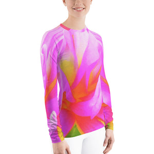 Women's Rash Guard, Fiery Hot Pink and Yellow Cactus Dahlia Flower