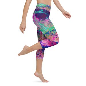 Capri Yoga Leggings, Impressionistic Purple and Hot Pink Garden Landscape