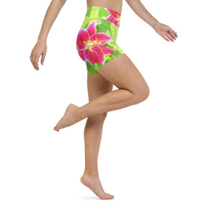 Yoga Shorts for Women, Pretty Deep Pink Stargazer Lily on Lime Green