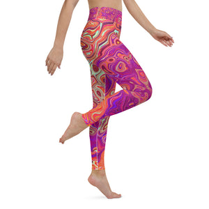 Yoga Leggings for Women, Retro Abstract Coral and Purple Marble Swirl