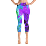 Capri Yoga Leggings, Moody Purple Peony with Beautiful Foliage