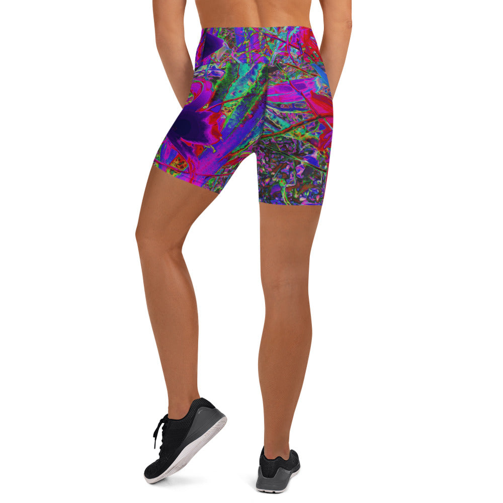 Yoga Shorts, Psychedelic Abstract Rainbow Colors Lily Garden