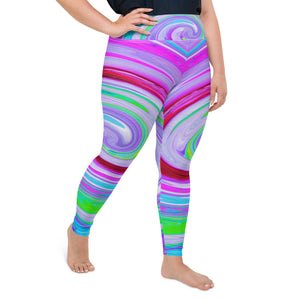 Plus Size Leggings, Groovy Abstract Red Swirl on Purple and Pink