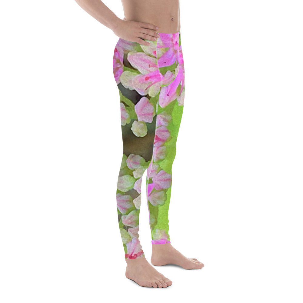 Men's Leggings, Hot Pink Succulent Sedum with Fleshy Green Leaves