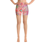 Yoga Shorts, Psychedelic Retro Coral Rainbow Hibiscus