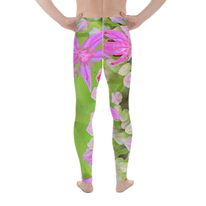 Men's Leggings, Hot Pink Succulent Sedum with Fleshy Green Leaves