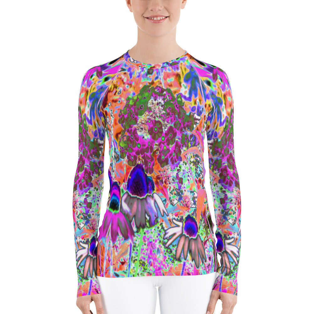 Women's Rash Guards, Psychedelic Hot Pink and Lime Green Garden Flowers