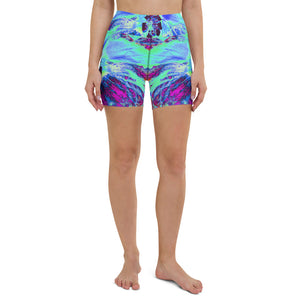 Yoga Shorts for Women, Psychedelic Retro Green and Blue Hibiscus Flower
