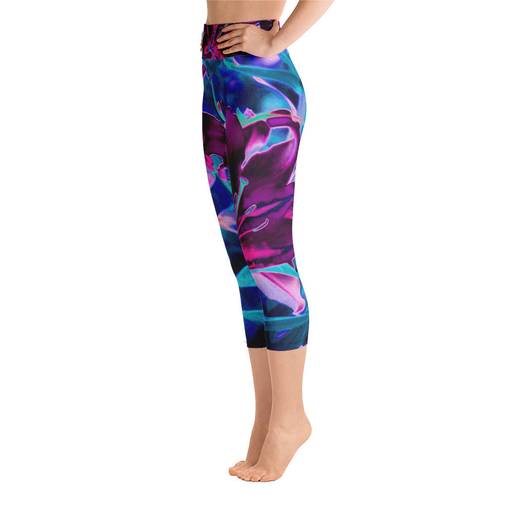 Capri Yoga Leggings, Purple and Hot Pink Abstract Oriental Lily Flowers