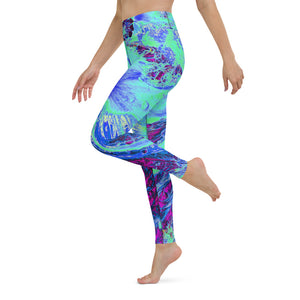 Yoga Leggings for Women, Psychedelic Retro Green and Blue Hibiscus Flower