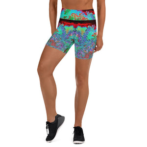 Yoga Shorts for Women, Colorful Abstract Foliage Garden with Crimson Sunset