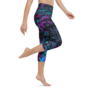 Capri Yoga Leggings, Retro Aqua Magenta and Black Abstract Swirl