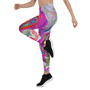Leggings for Women, Groovy Abstract Retro Hot Pink and Blue Swirl