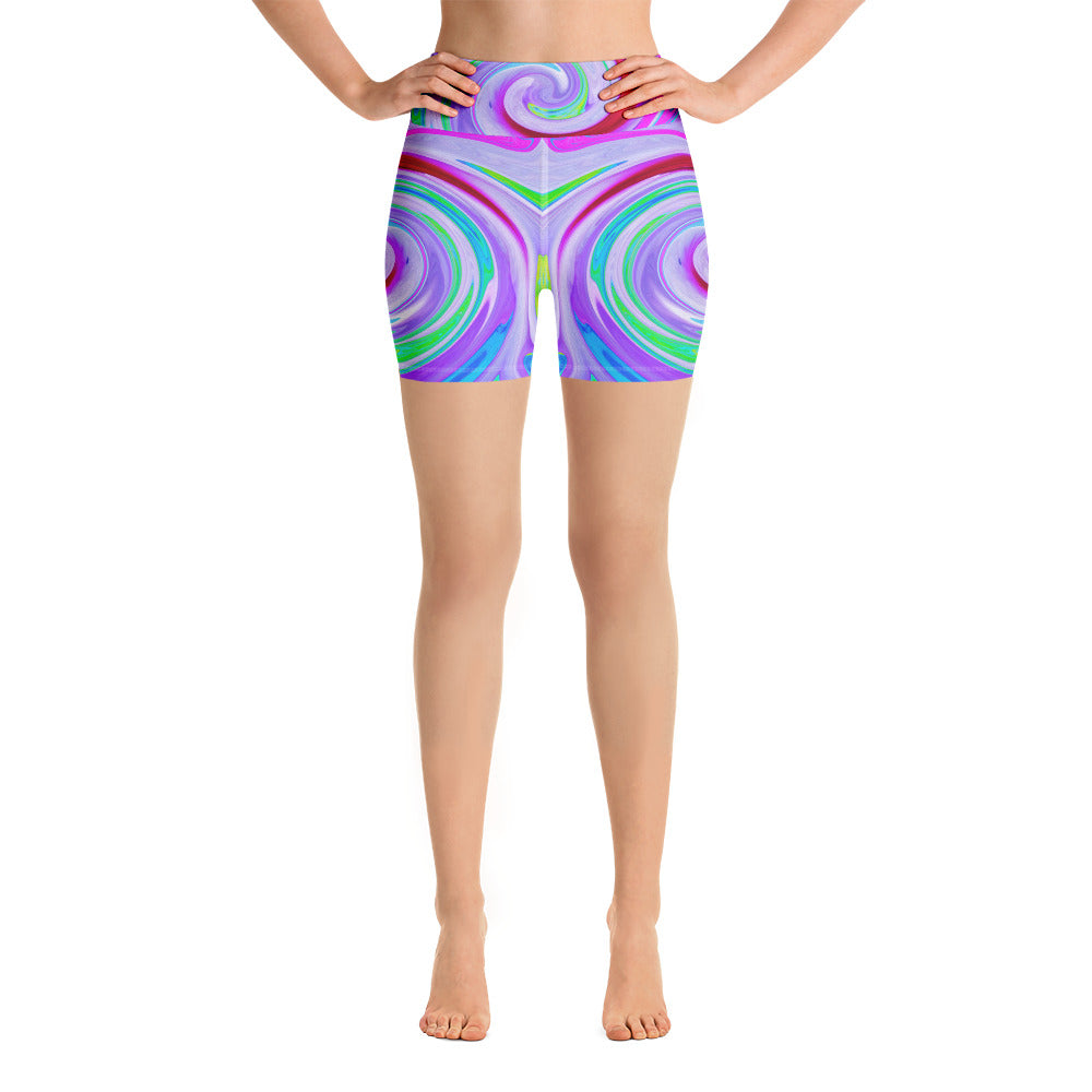 Yoga Shorts, Groovy Abstract Red Swirl on Purple and Pink