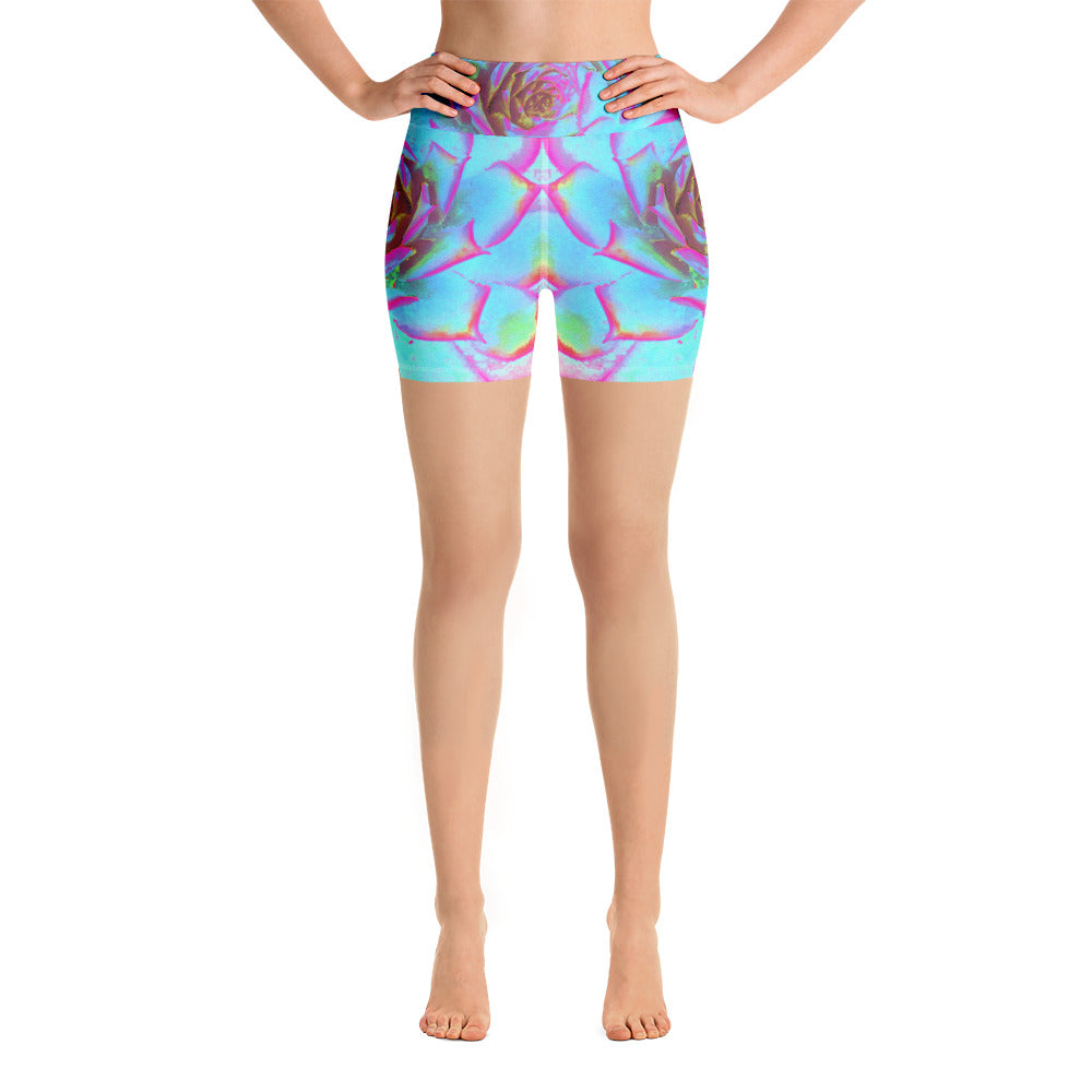 Yoga Shorts, Hot Pink and Blue Succulent Sedum Rosette