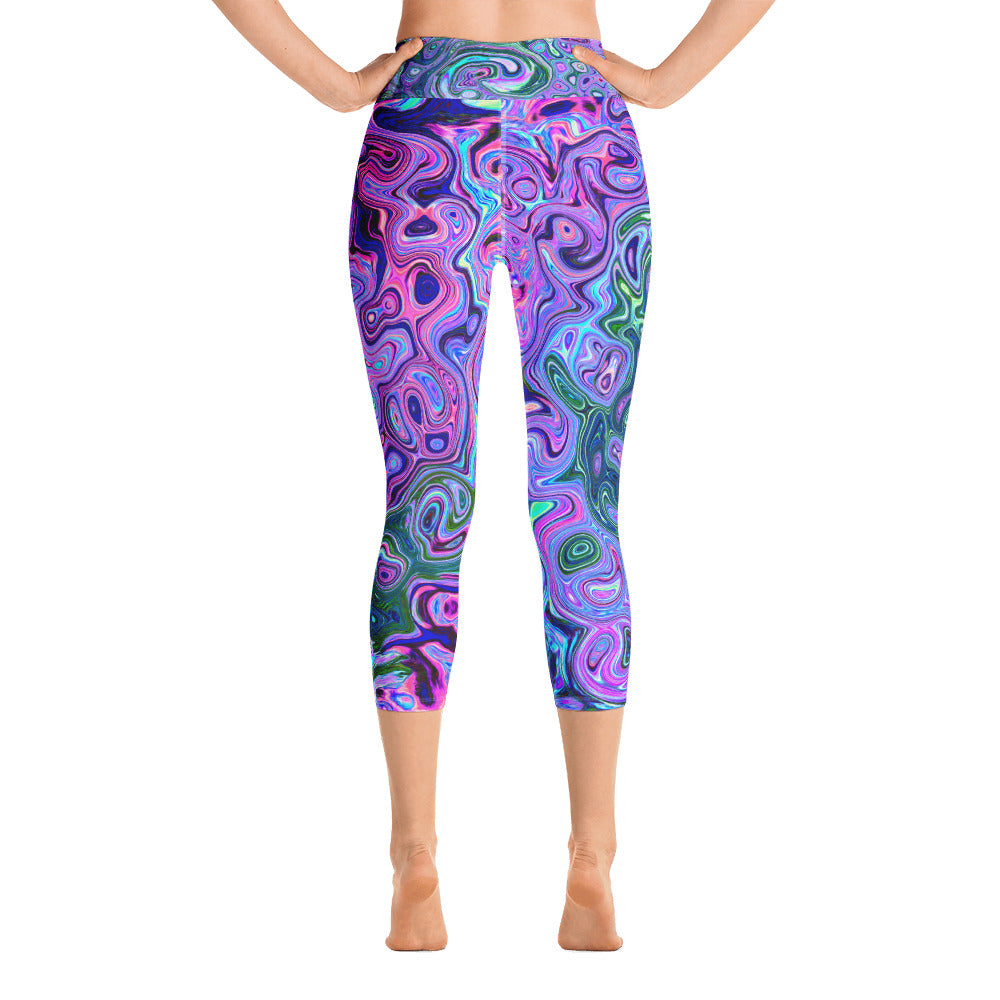 Capri Yoga Leggings, Groovy Abstract Retro Green and Purple Swirl