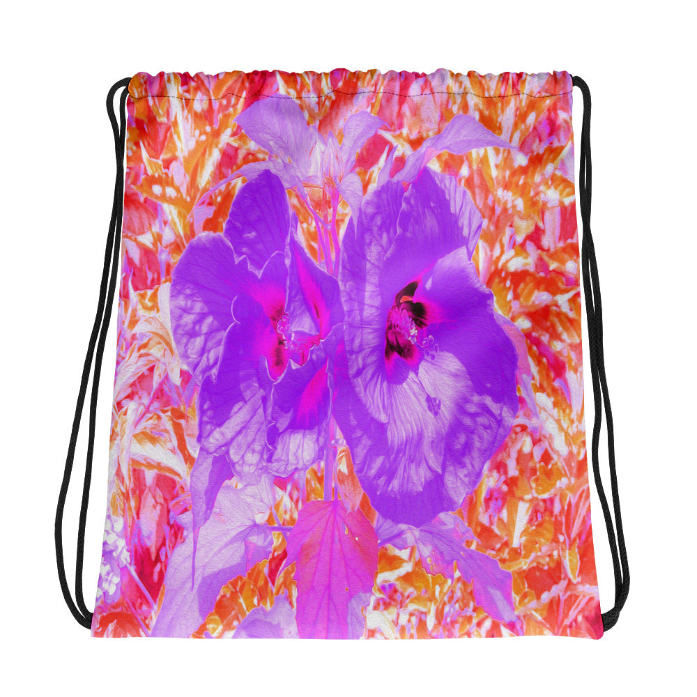 Drawstring Bags, Two Purple and Hot Pink Plum Crazy Hibiscus