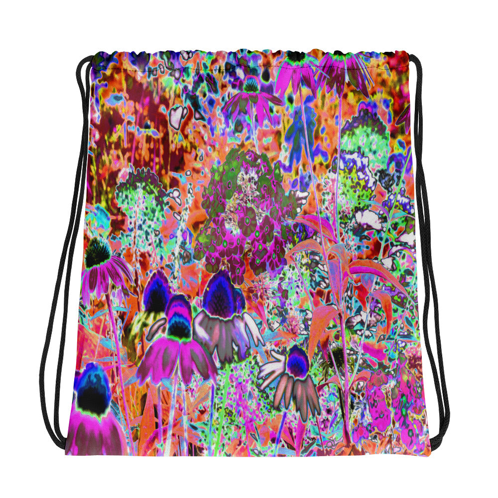 Drawstring bags, Psychedelic Hot Pink and Lime Green Garden Flowers