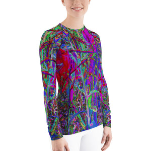 Women's Rash Guard, Psychedelic Abstract Rainbow Colors Lily Garden