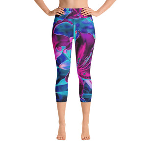 Capri Yoga Leggings, Purple and Hot Pink Abstract Oriental Lily Flowers