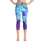 Capri Yoga Leggings, Psychedelic Retro Green and Blue Hibiscus Flower