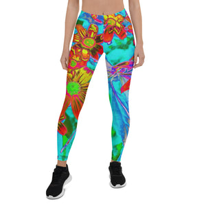 Leggings for Women, Aqua Tropical with Yellow and Orange Flowers