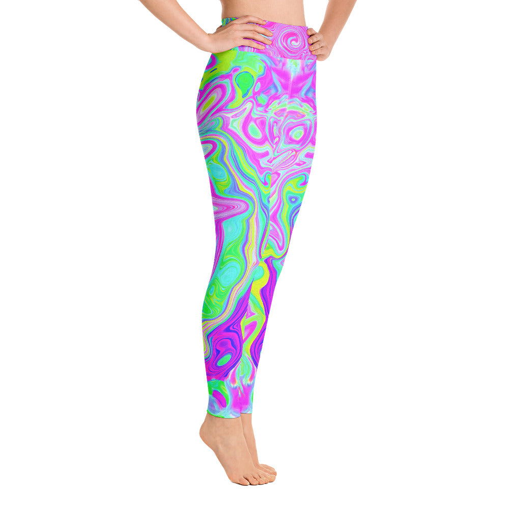 Yoga Leggings for Women, Groovy Aqua, Pink and Pastel Green Liquid Art