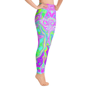 Yoga Leggings for Women, Groovy Aqua, Pink and Pastel Green Liquid Art