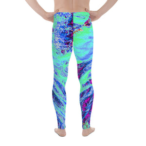 Men's Leggings, Psychedelic Retro Green and Blue Hibiscus Flower