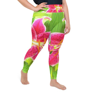 Plus Size Leggings, Pretty Deep Pink Stargazer Lily on Lime Green