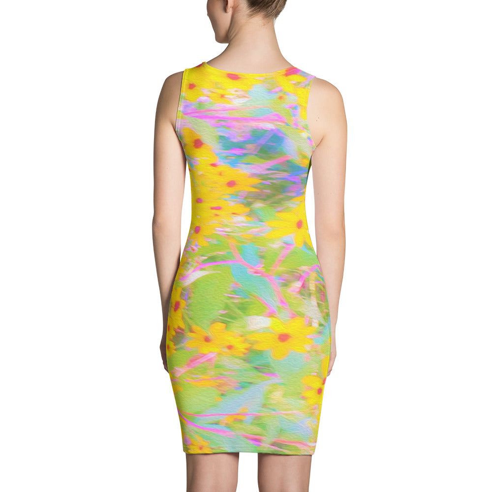 Bodycon Dress, Pretty Yellow and Red Flowers with Turquoise
