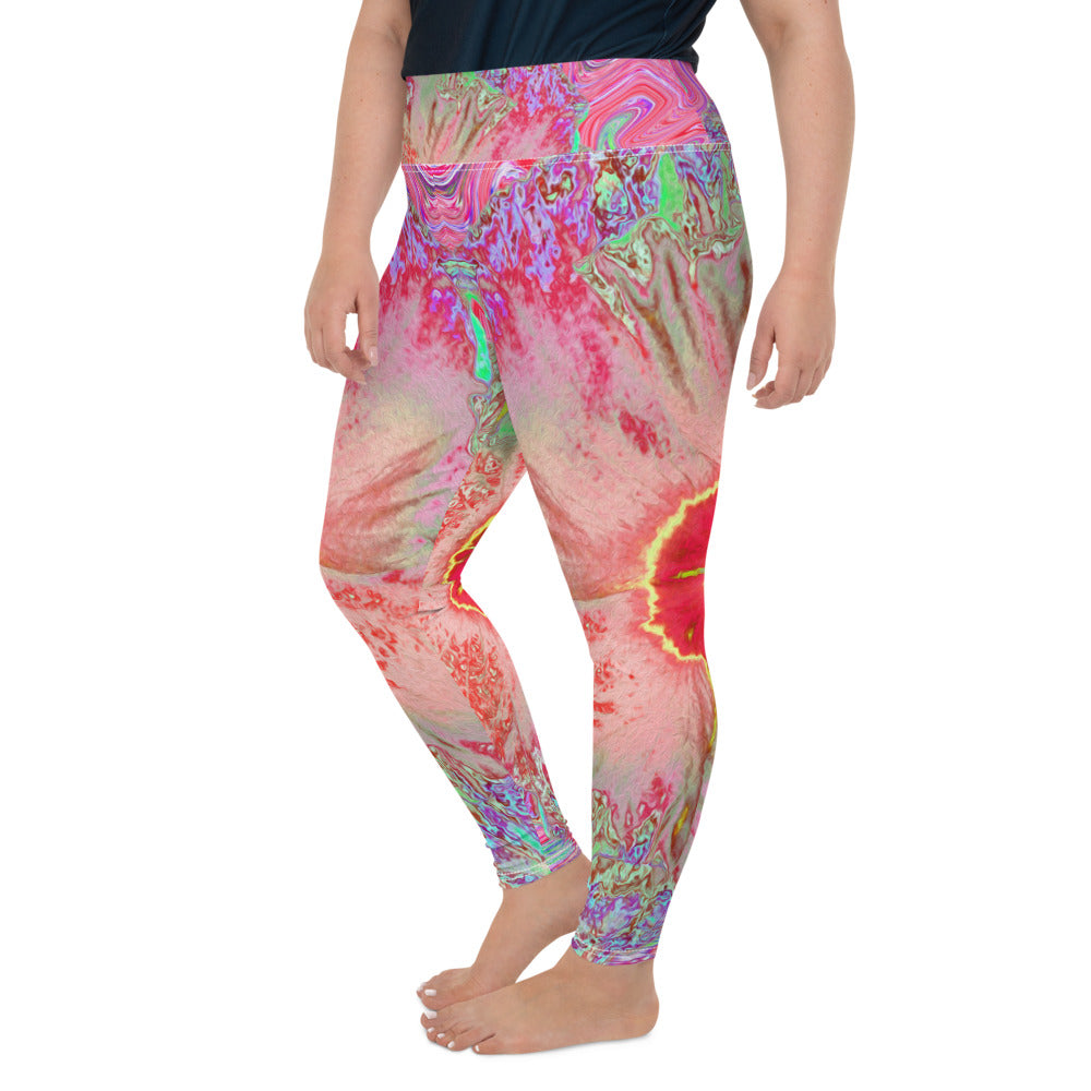 Plus Size Leggings, Psychedelic Retro Coral Rainbow Hibiscus