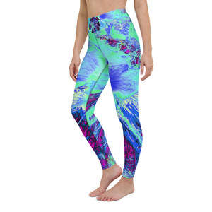 Yoga Leggings for Women, Psychedelic Retro Green and Blue Hibiscus Flower
