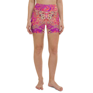Yoga Shorts for Women, Retro Abstract Coral and Purple Marble Swirl