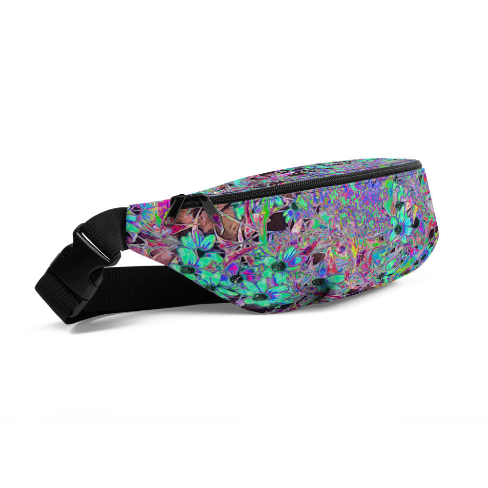 Fanny Pack, Purple Garden with Psychedelic Aquamarine Flowers