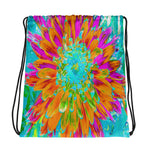 Drawstring Bags - Tropical Orange and Hot Pink Decorative Dahlia