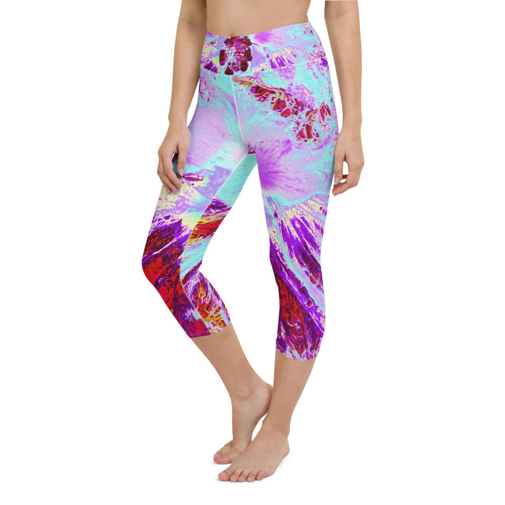 Capri Yoga Leggings, Abstract Tropical Aqua and Purple Hibiscus Flower