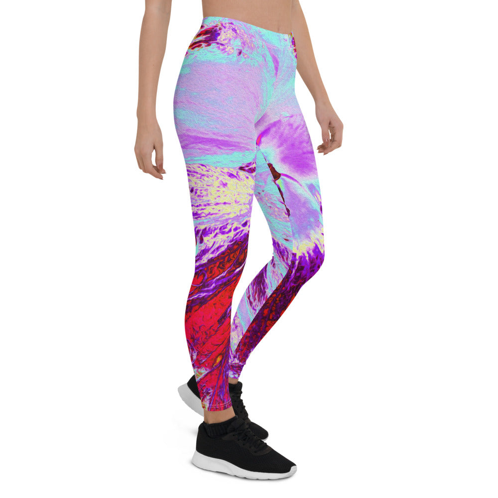 Leggings for Women, Abstract Tropical Aqua and Purple Hibiscus Flower