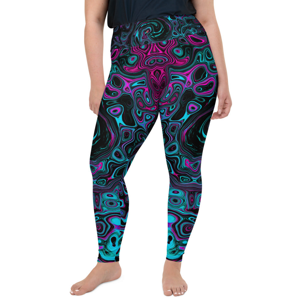 Plus Size Leggings, Retro Aqua Magenta and Black Abstract Swirl