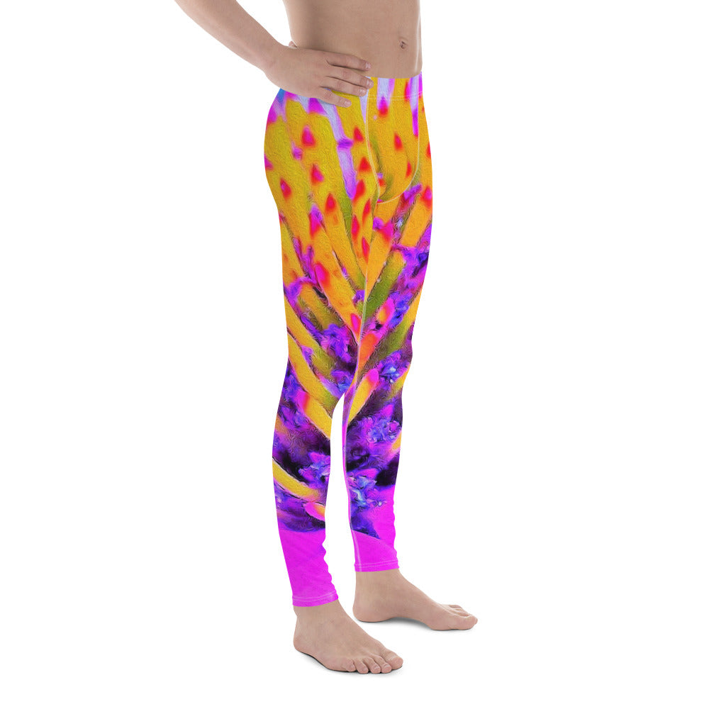 Men's Leggings, Abstract Macro Hot Pink and Yellow Coneflower