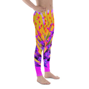 Men's Leggings, Abstract Macro Hot Pink and Yellow Coneflower