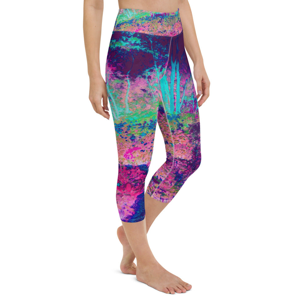 Capri Yoga Leggings, Impressionistic Purple and Hot Pink Garden Landscape