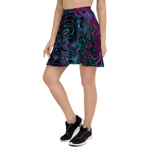 Skater Skirts, Retro Aqua Magenta and Black Abstract Swirl