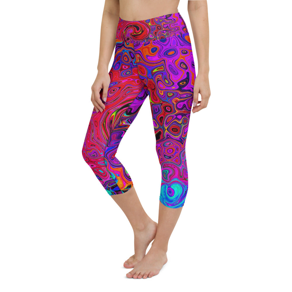 Capri Yoga Leggings, Trippy Red and Purple Abstract Retro Liquid Swirl