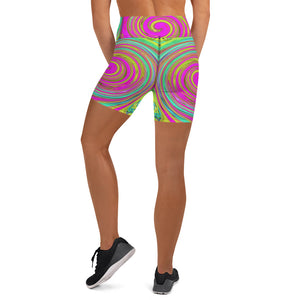 Yoga Shorts, Groovy Abstract Pink and Turquoise Swirl with Flowers