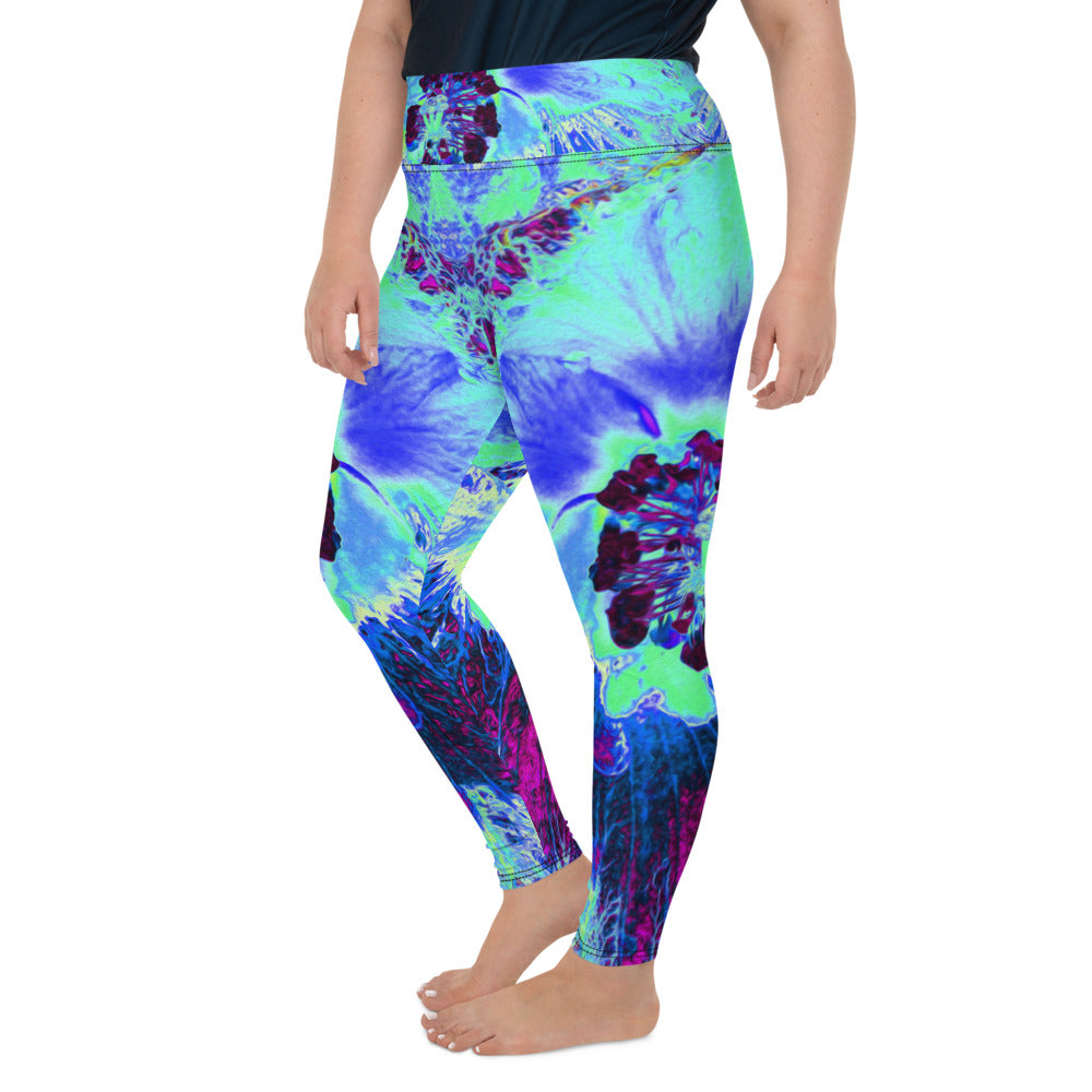 Plus Size Leggings, Psychedelic Retro Green and Blue Hibiscus Flower